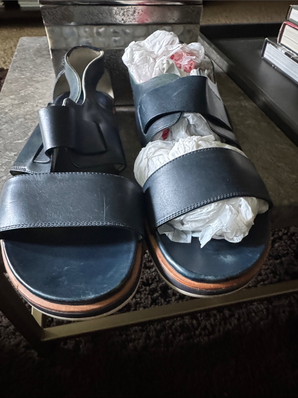 Salvatore Ferragamo Beige and Navy Leather, Rubber Sole Detail